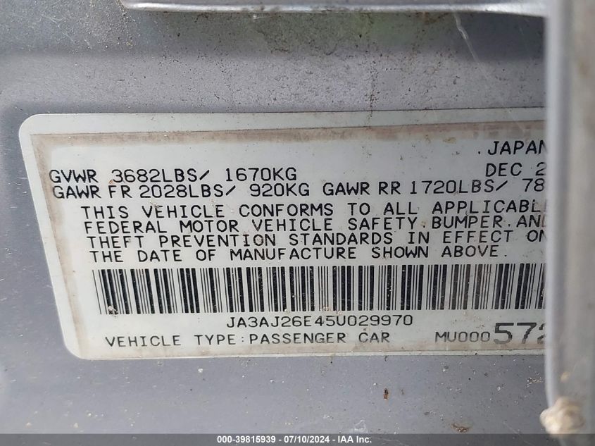 2005 Mitsubishi Lancer Es VIN: JA3AJ26E45U029970 Lot: 39815939
