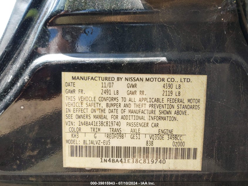 2008 Nissan Maxima Se/Sl VIN: 1N4BA41E38C819740 Lot: 39815943