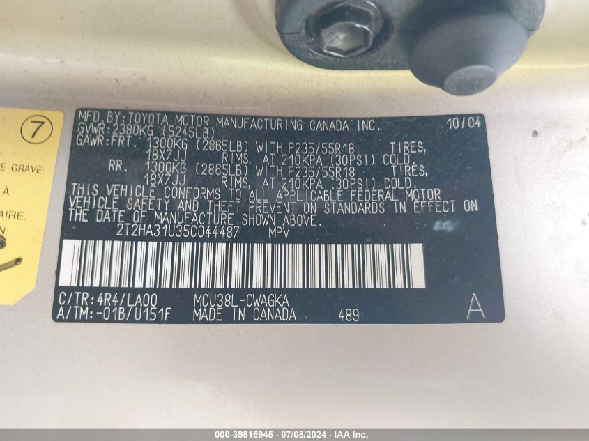 2005 Lexus Rx 330 VIN: 2T2HA31U35C044487 Lot: 39815945