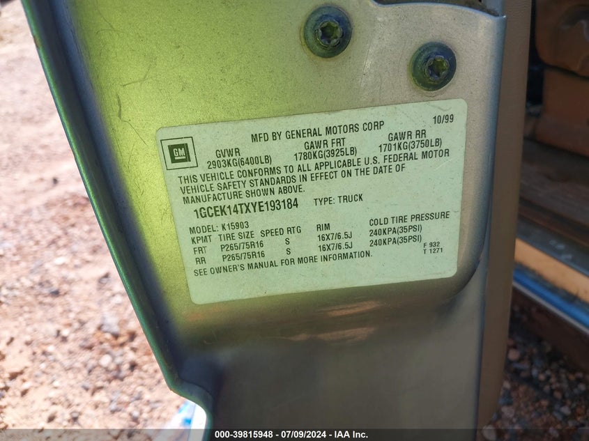 2000 Chevrolet Silverado 1500 Ls VIN: 1GCEK14TXYE193184 Lot: 39815948