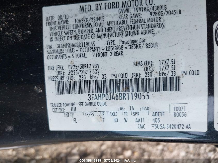 2011 Ford Fusion Sel VIN: 3FAHP0JA6BR119055 Lot: 39815969