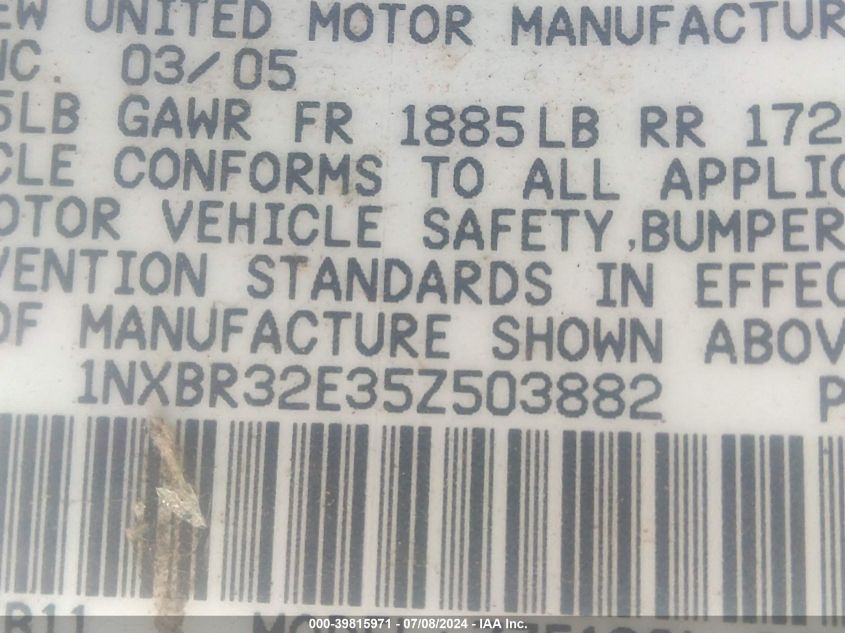 2005 Toyota Corolla Le VIN: 1NXBR32E35Z503882 Lot: 39815971