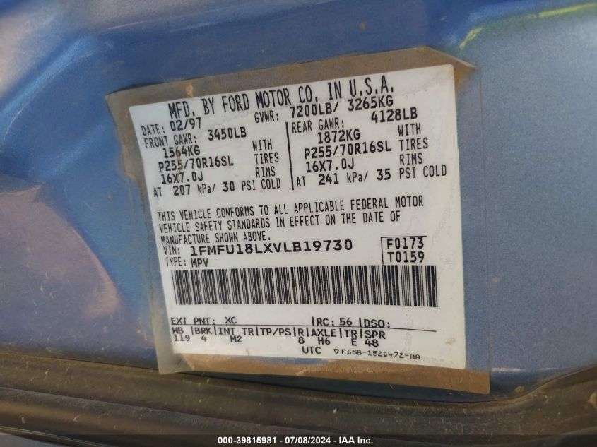 1997 Ford Expedition Eddie Bauer VIN: 1FMFU18LXVLB19730 Lot: 39815981