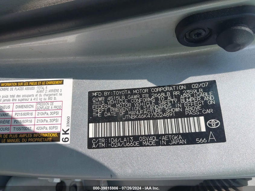 2007 Toyota Camry Xle V6 VIN: JTNBK46K473024891 Lot: 39815986
