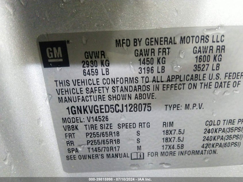 2012 Chevrolet Traverse 1Lt VIN: 1GNKVGED5CJ128075 Lot: 39815998