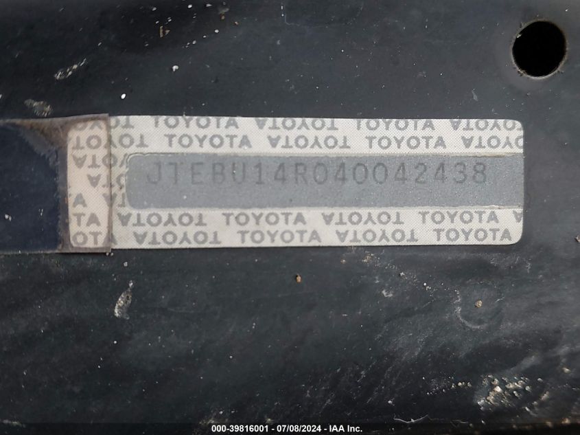 2004 Toyota 4Runner Sr5/Sport VIN: JTEBU14R040042438 Lot: 39816001