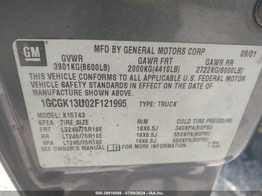 2002 Chevrolet Silverado 1500Hd Ls VIN: 1GCGK13U02F121995 Lot: 39816009