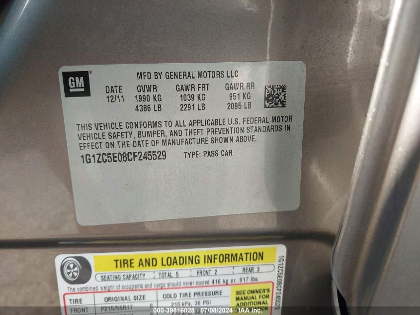 2012 Chevrolet Malibu 1Lt VIN: 1G1ZC5E08CF245529 Lot: 39816028