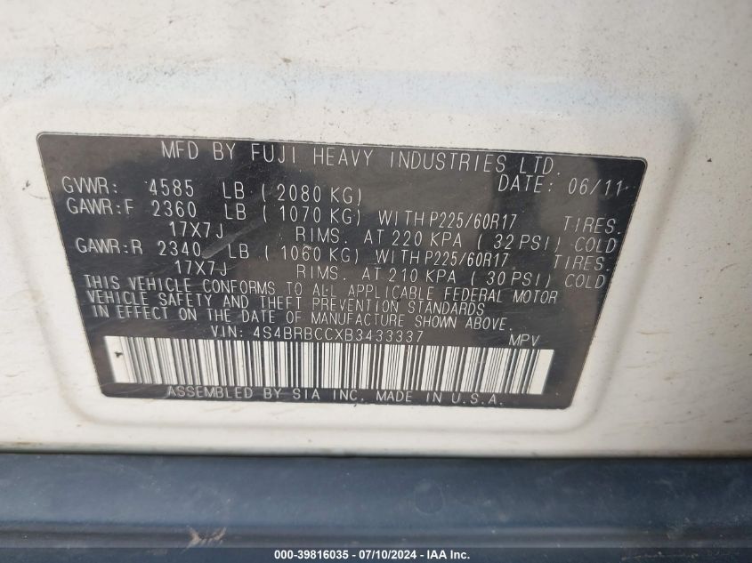 2011 Subaru Outback 2.5I Premium VIN: 4S4BRBCCXB3433337 Lot: 39816035