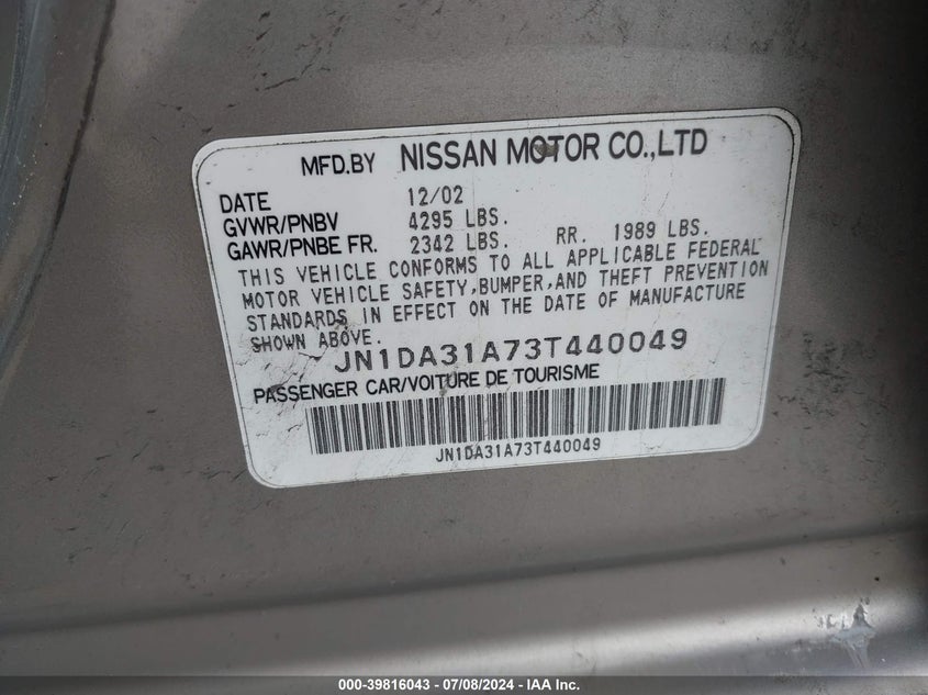 2003 Nissan Maxima Se VIN: JN1DA31A73T440049 Lot: 39816043