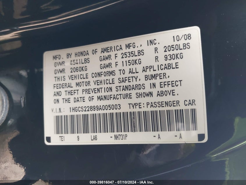 2009 Honda Accord 3.5 Ex-L VIN: 1HGCS22899A005003 Lot: 39816047