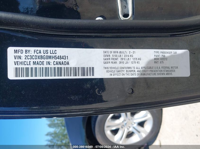 2021 Dodge Charger Sxt Rwd VIN: 2C3CDXBG0MH548431 Lot: 39816049