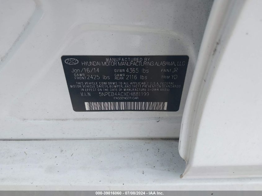 2014 Hyundai Sonata Gls VIN: 5NPEB4ACXEH881199 Lot: 39816060
