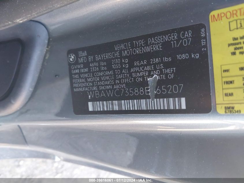 2008 BMW 335Xi Xi VIN: WBAWC73588E065207 Lot: 39816061