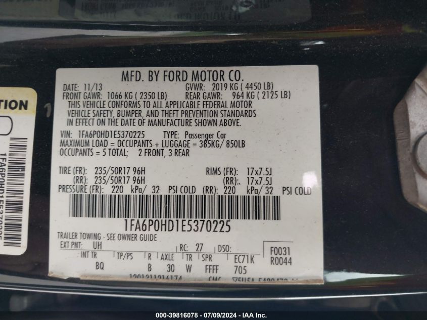 2014 Ford Fusion Se VIN: 1FA6P0HD1E5370225 Lot: 39816078