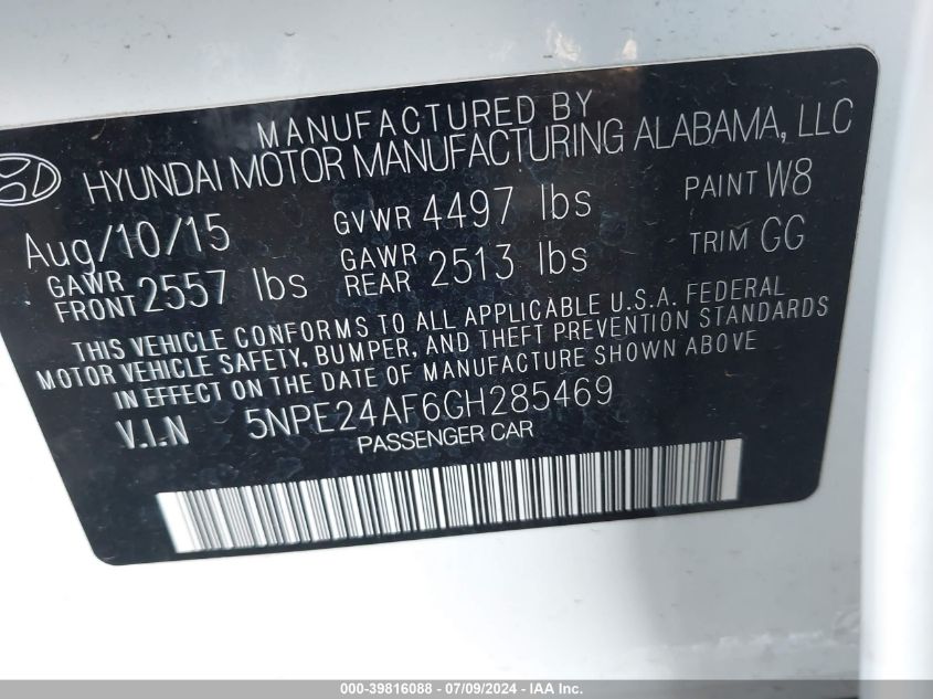 2016 Hyundai Sonata Se VIN: 5NPE24AF6GH285469 Lot: 39816088