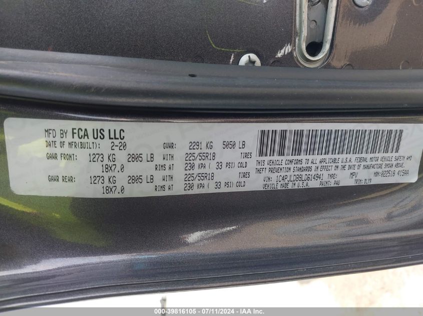 2020 Jeep Cherokee Limited Fwd VIN: 1C4PJLDB9LD614941 Lot: 39816105