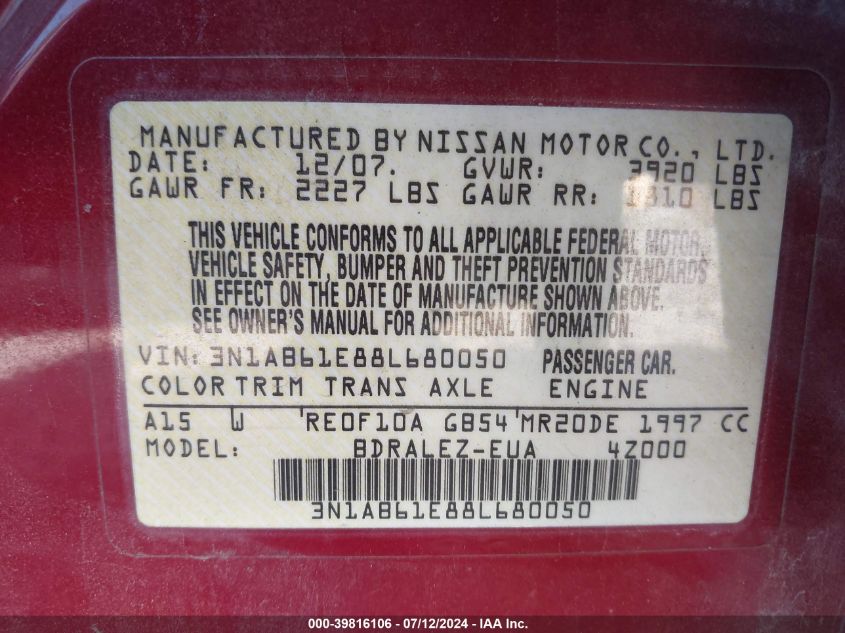 2008 Nissan Sentra 2.0 S VIN: 3N1AB61E88L680050 Lot: 39816106