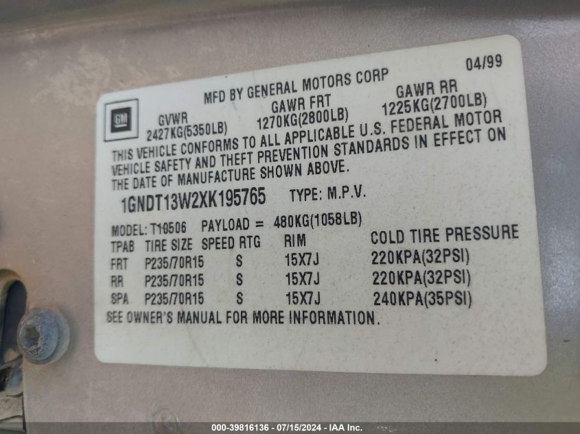 1999 Chevrolet Blazer Lt VIN: 1GNDT13W2XK195765 Lot: 39816136