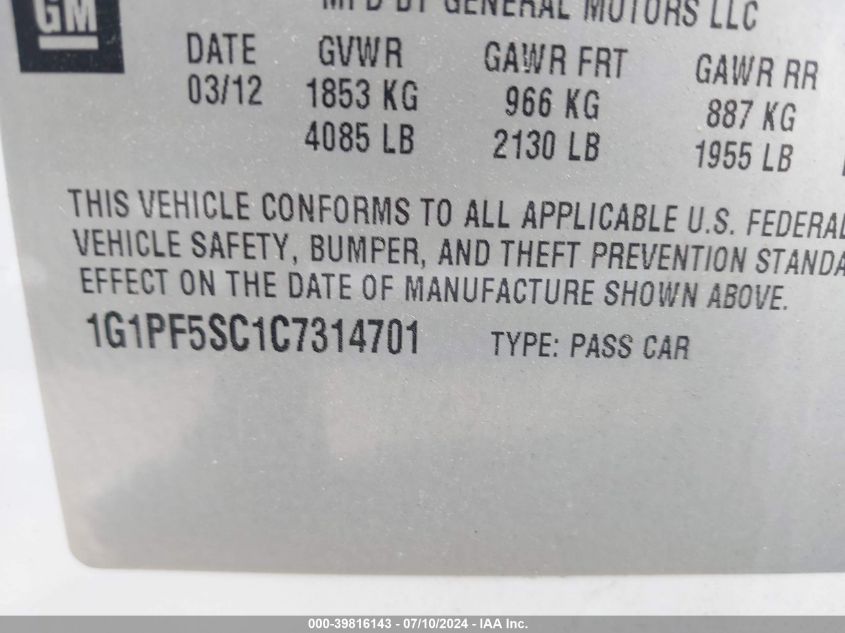 2012 Chevrolet Cruze Lt VIN: 1G1PF5SC1C7314701 Lot: 39816143