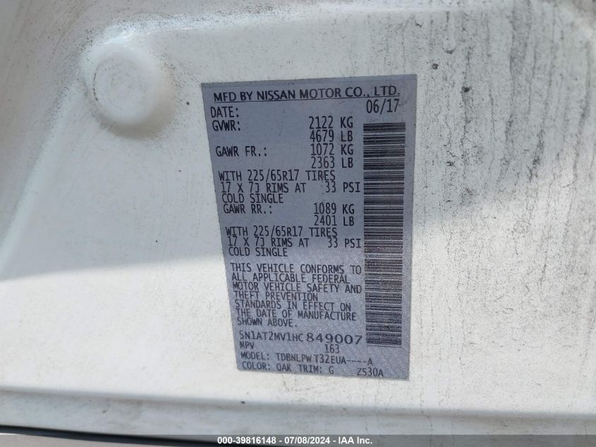 2017 Nissan Rogue S VIN: 5N1AT2MV1HC849007 Lot: 39816148