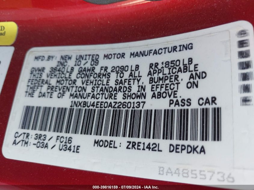 2010 Toyota Corolla S/Le/Xle VIN: 1NXBU4EE0AZ260137 Lot: 39816159