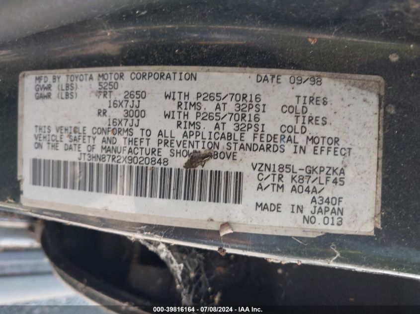 1999 Toyota 4Runner Limited V6 VIN: JT3HN87R2X9020848 Lot: 39816164