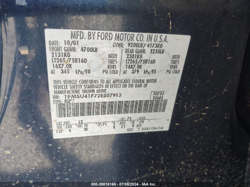 2002 Ford Excursion Xlt VIN: 1FMSU41F72EB07913 Lot: 39816168