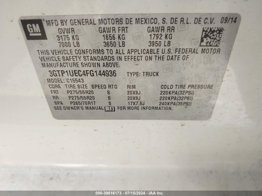 2015 GMC Sierra 1500 Sle VIN: 3GTP1UEC4FG144936 Lot: 39816173