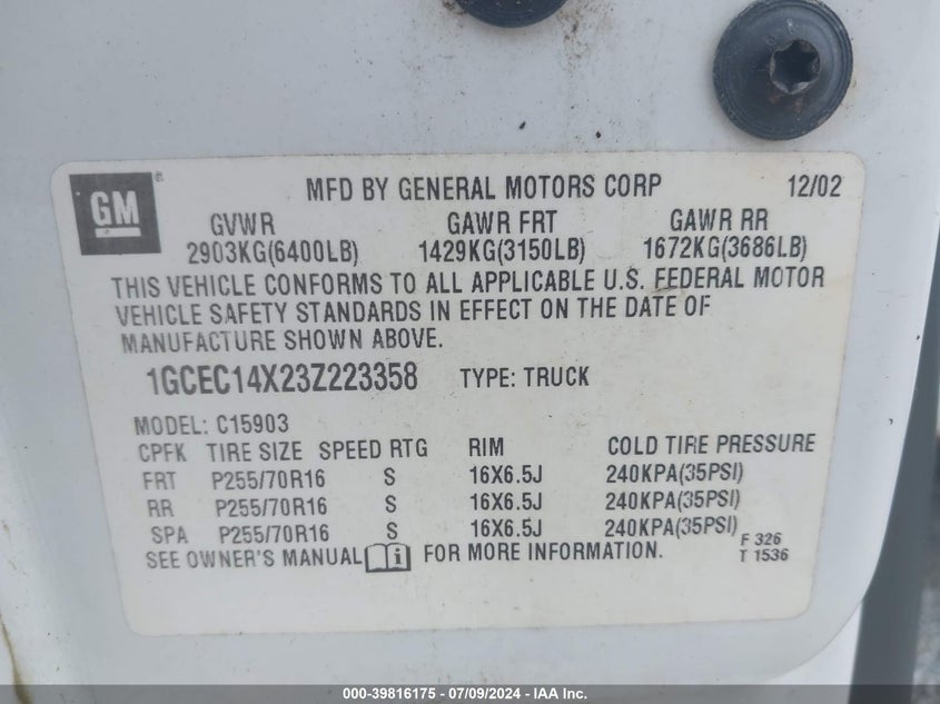 2003 Chevrolet Silverado 1500 Work Truck VIN: 1GCEC14X23Z223358 Lot: 39816175