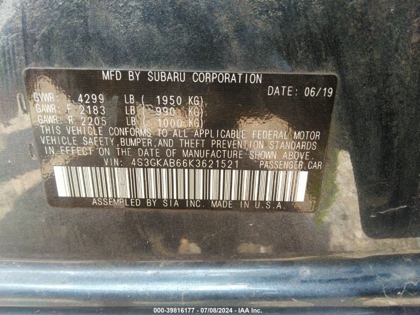2019 Subaru Impreza 2.0I VIN: 4S3GKAB66K3621521 Lot: 39816177