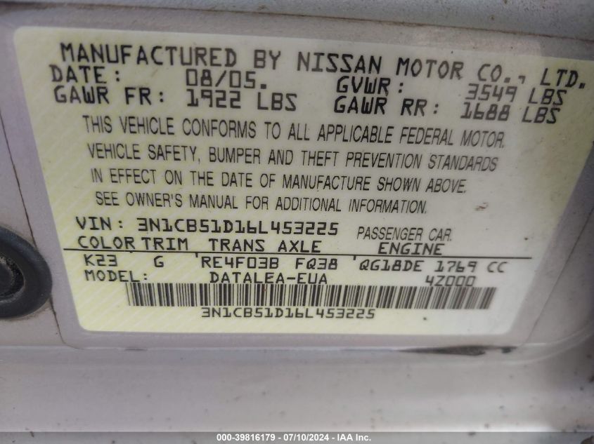 2006 Nissan Sentra 1.8S VIN: 3N1CB51D16L453225 Lot: 39816179