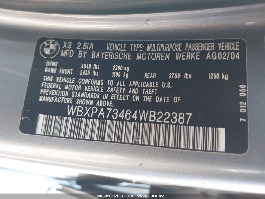 2004 BMW X3 2.5I VIN: WBXPA73464WB22387 Lot: 39816188