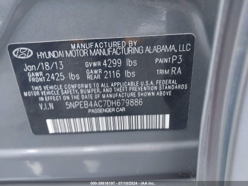 5NPEB4AC7DH679886 2013 Hyundai Sonata Gls