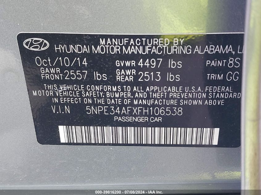 2015 Hyundai Sonata Limited VIN: 5NPE34AFXFH106538 Lot: 39816200