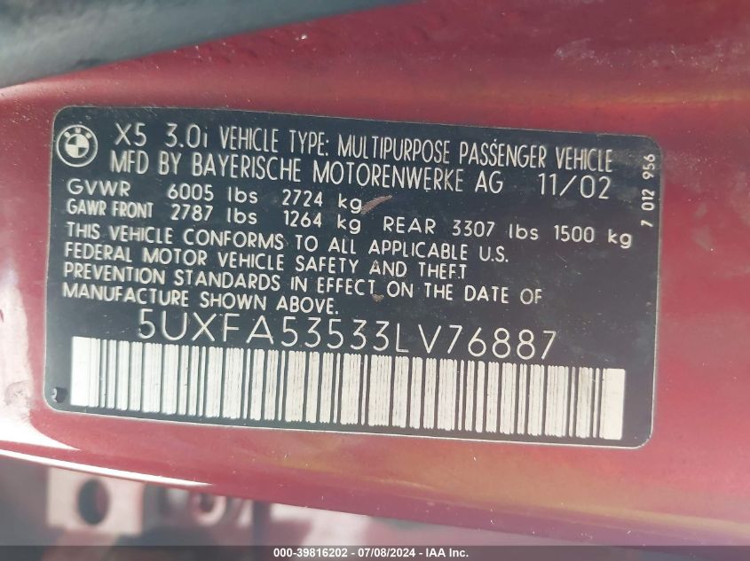 2003 BMW X5 3.0I VIN: 5UXFA53533LV76887 Lot: 39816202