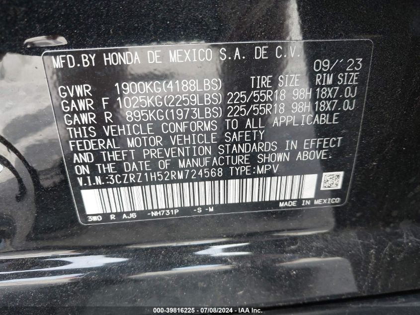 2024 Honda Hr-V Sport VIN: 3CZRZ1H52RM724568 Lot: 39816225