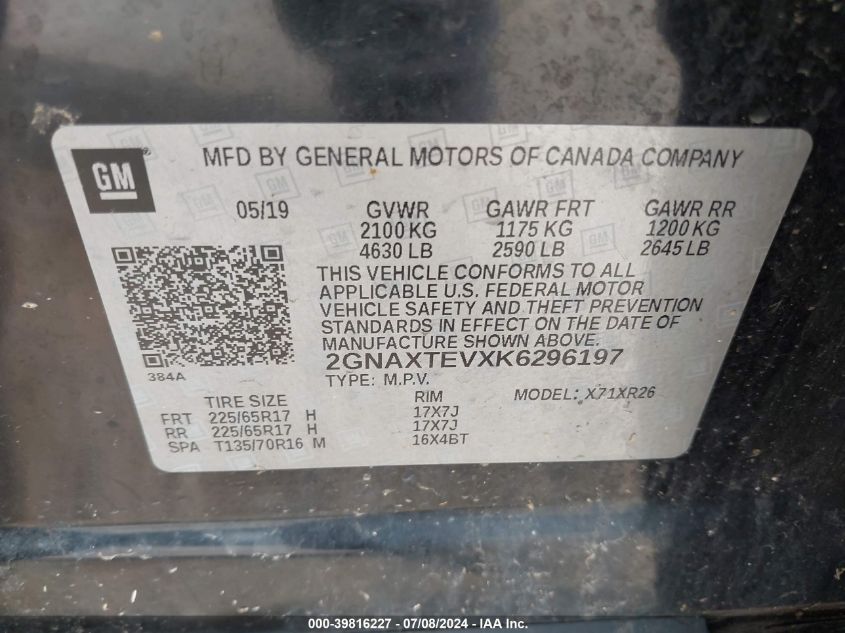 2019 Chevrolet Equinox Lt VIN: 2GNAXTEVXK6296197 Lot: 39816227