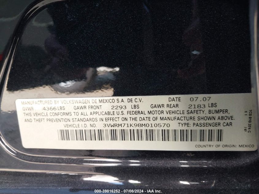 2008 Volkswagen Jetta Se/Sel VIN: 3VWRM71K98M010570 Lot: 39816252