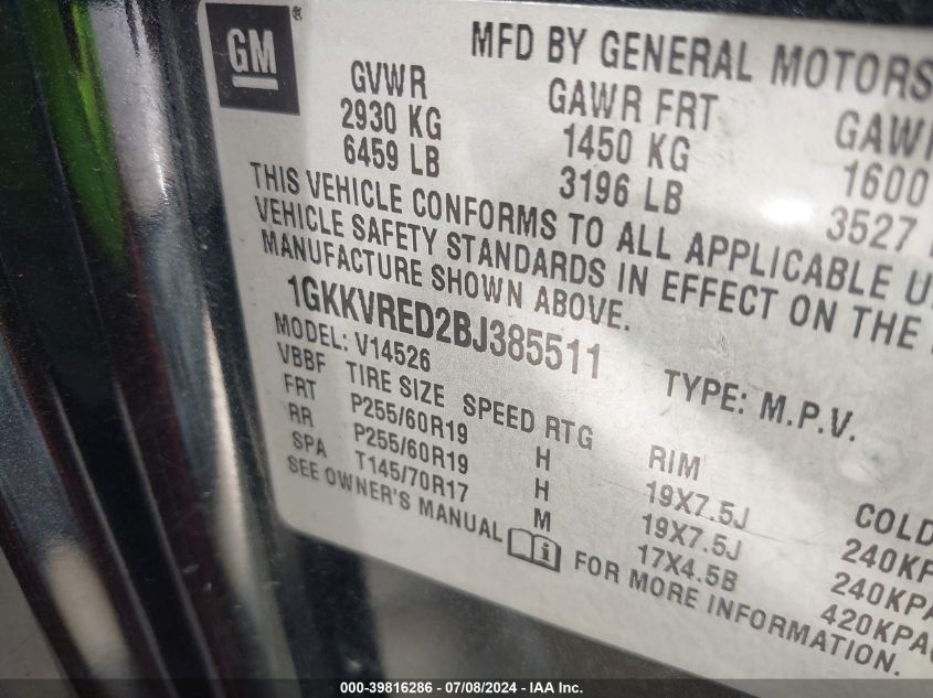 2011 GMC Acadia Slt-1 VIN: 1GKKVRED2BJ385511 Lot: 39816286