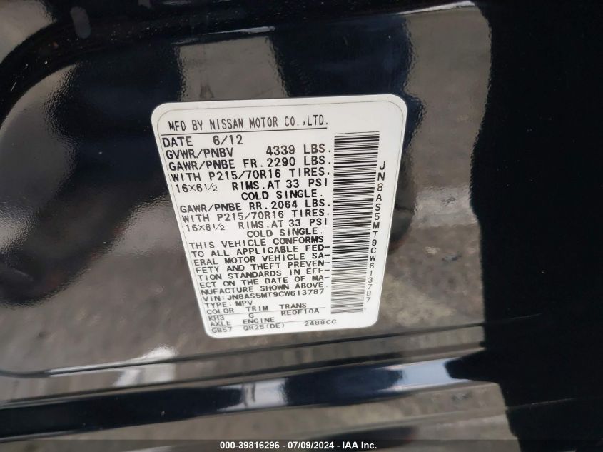 2012 Nissan Rogue S VIN: JN8AS5MT9CW613787 Lot: 39816296