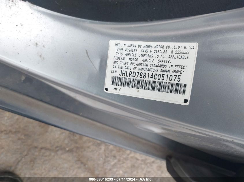 2004 Honda Cr-V Ex VIN: JHLRD78814C051075 Lot: 39816299