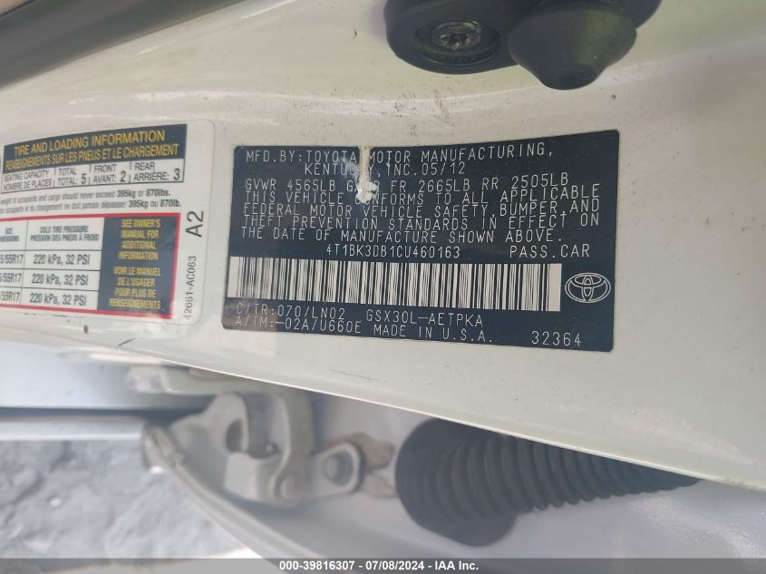 2012 Toyota Avalon Limited VIN: 4T1BK3DB1CU460163 Lot: 39816307