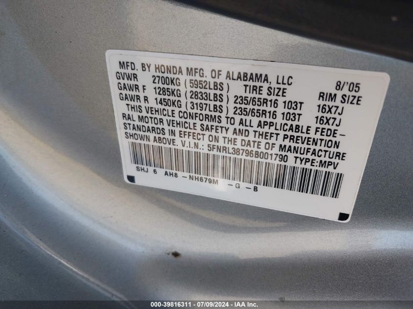 2006 Honda Odyssey Ex-L VIN: 5FNRL38796B001790 Lot: 39816311