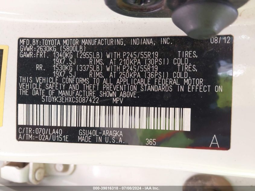 2012 Toyota Highlander Limited V6 VIN: 5TDYK3EHXCS087422 Lot: 39816318