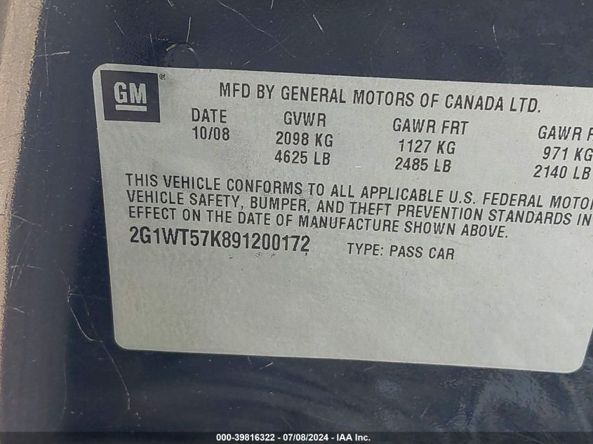 2009 Chevrolet Impala 1Lt VIN: 2G1WT57K891200172 Lot: 39816322
