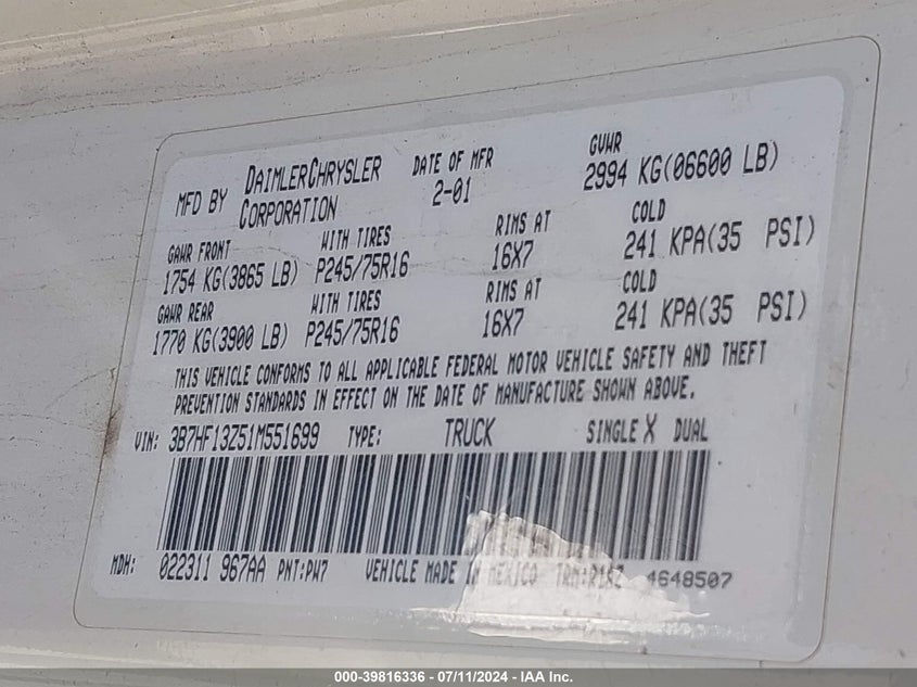 2001 Dodge Ram 1500 St VIN: 3B7HF13Z51M551699 Lot: 39816336