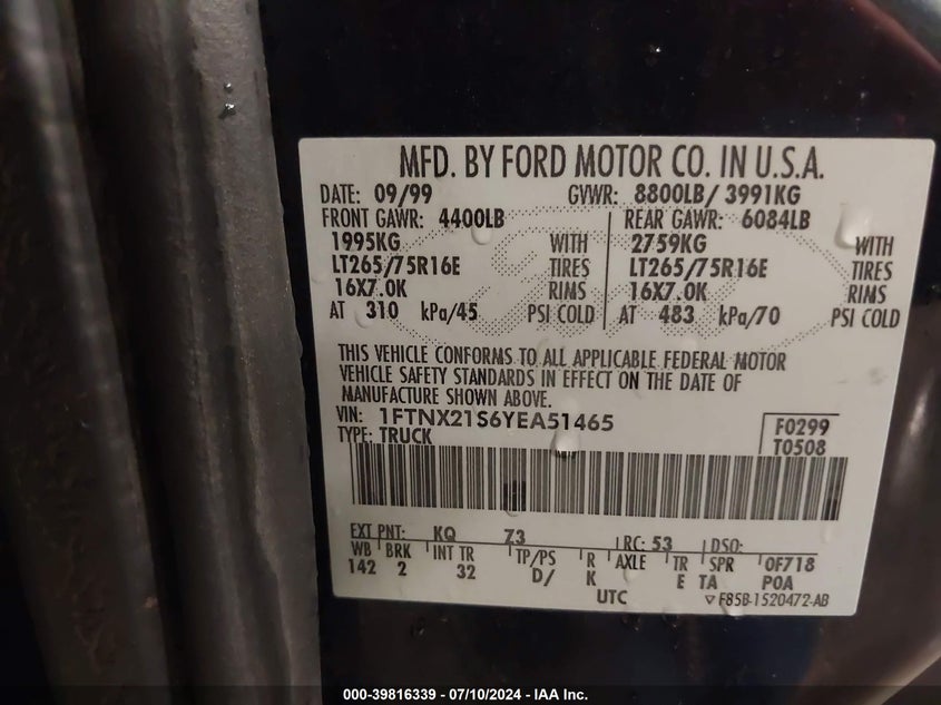 2000 Ford F250 Super Duty VIN: 1FTNX21S6YEA51465 Lot: 39816339