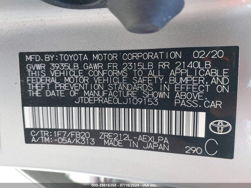 VIN JTDEPRAE0LJ109153 2020 TOYOTA COROLLA LE
