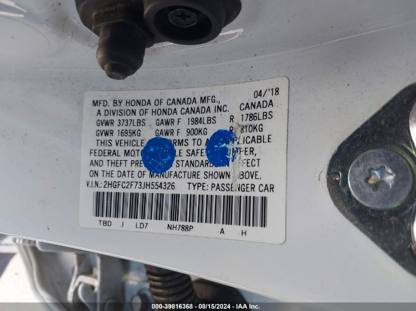 2018 Honda Civic Ex VIN: 2HGFC2F73JH554326 Lot: 39816368